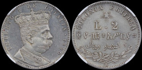ERITREA: 2 Lire (1890 R) in silver (0,835). Crowned head of Umberto I facing right on obverse. Denomination on reverse. Inside slab by NGC "MS 63". Ce...
