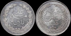 TUNISIA: 4 Piastres [AH1308 (1890)] in silver. Legend within wreath on obverse. Text above date within wreath on reverse. Inside slab by PCGS "MS 66"....