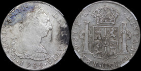 BOLIVIA: 8 Reales (1782 PTS PR) in silver (0,903). Bust of Charles III facing right on obverse. Crowned arms between pillars on reverse. Inside slab b...
