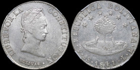 BOLIVIA: 8 Soles (1841 PTS LR) in silver (0,903). Llamas beneath tree with short branches and stars above on obverse. Laureate head of Bolivar facing ...
