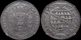 BRAZIL: 960 Reis (1814 B) in silver (0,896). Crowned arms and denomination on obverse. Sash with initial crosses globe within cross on reverse. Inside...