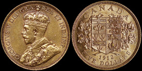 CANADA: 5 Dollars (1912) in gold (0,900). Crowned bust of George V facing left on obverse. Arms within wreath, date and denomination below on reverse....