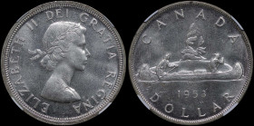 CANADA: 1 Dollar (1953) in silver (0,800). Laureate bust of Queen Elizabeth II facing right on obverse. Voyageur, date and denomination below on rever...
