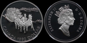 CANADA: 1 Dollar (1992) in silver (0,925) commemorating the Stagecoach service. Crowned head of Queen Elizabeth II facing right on obverse. Stagecoach...