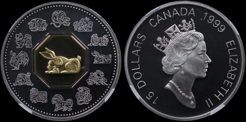 CANADA: 15 Dollars (1999) in silver (0,925) with gold insert commemorating the Y...