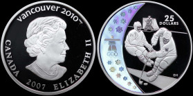 CANADA: 25 Dollars (2007) in silver (0,925) from the Vancouver Olympics series. Bust of Queen Elizabeth II facing right on obverse. Hockey hologram on...
