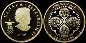 CANADA: 75 Dollars (2008) in gold (0,583) from the 2008 Olympic Games series. Bust of Queen Elizabeth II facing right on obverse. Four Host Nations ma...