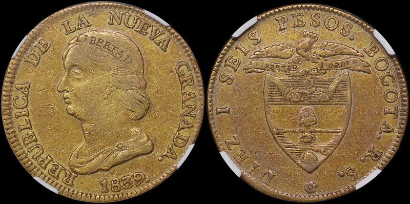 COLOMBIA: 16 Pesos (1839/8 RS) in gold (0,875). Head of Libertad facing left on ...