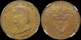 COLOMBIA: 16 Pesos (1839/8 RS) in gold (0,875). Head of Libertad facing left on obverse. Condor with banner above shielded arms on reverse. Inside sla...