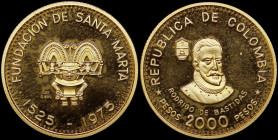 COLOMBIA: 2000 Pesos (ND 1975) in gold (0,900) commemorating the 450th Anniversary of the city of Santa Marta. Bust of Rodrigo de Bastidas facing on o...