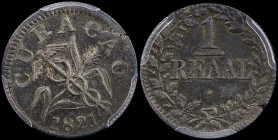 CURACAO: 1 Reaal (1821) in silver. Corntwig crossed with caduceus on obverse. Eight acorns on reverse. Inside slab by PCGS "AU 58 / 8 Acorns". Cert nu...