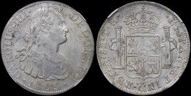 MEXICO: 8 Reales (1805Mo TH) in silver (0,896). Armored bust of Charles IIII facing right on obverse. Crowned shield flanked by pillars with banner on...