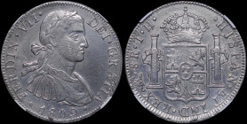 MEXICO: 8 Reales (1809Mo TH) in silver (0,896). Armored laureate bust of Ferdinand VII facing right on obverse. Crowned shield flanked by pillars with...