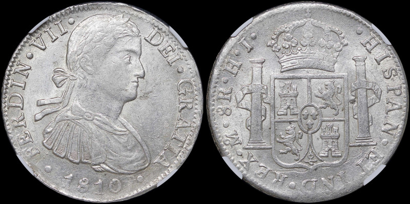MEXICO: 8 Reales (1810Mo HJ) in silver (0,896). Armored laurete bust of Ferdinan...