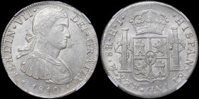 MEXICO: 8 Reales (1810Mo HJ) in silver (0,896). Armored laurete bust of Ferdinand VII facing right on obverse. Crowned shield flanked by pillars with ...