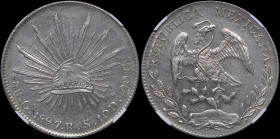 MEXICO / FIRST REPUBLIC (GUANAJUATO): 8 Reales (1897Go RS) in silver (0,903). Facing eagle with snake in beak on obverse. Radiant cap on reverse. Insi...