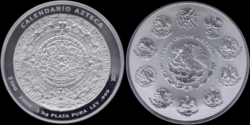 MEXICO: 100 Pesos (2008 Mo) in silver (0,999). National arms in center of past a...