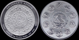 MEXICO: 100 Pesos (2008 Mo) in silver (0,999). National arms in center of past and present arms on obverse. Aztec calendar on reverse. Inside large th...
