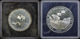 PANAMA: Proof set [1979 (P)] of 2 coins commemorating the Panama Canal Treaty Implementation, composed of 5 Balboas & 10 Balboas. Coat of arms on obve...