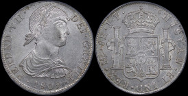 PERU: 8 Reales (1809LIMAE JP) in silver (0,896). Smaller bust of Ferdinand VII facing right on obverse. Crowned arms flanked by pillars with banner on...