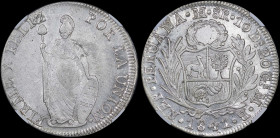 PERU: 8 Reales (1841LIMAE MB) in silver (0,903). Small wreath above arms within sprigs on obverse. Standing Liberty on reverse. Inside slab by NGC "MS...