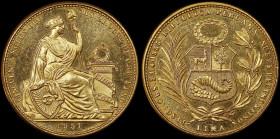 PERU: 50 Soles (1951) in gold (0,900). Coat of arms on obverse. Seated Liberty flanked by shield and column on reverse. (KM 230). Uncirculated.