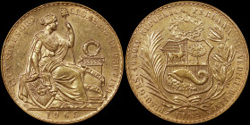 PERU: 100 Soles (1965) in gold (0,900). National arms on obverse. Seated Liberty flanked by shield and column on reverse. Cleaned. (KM 231). About Unc...