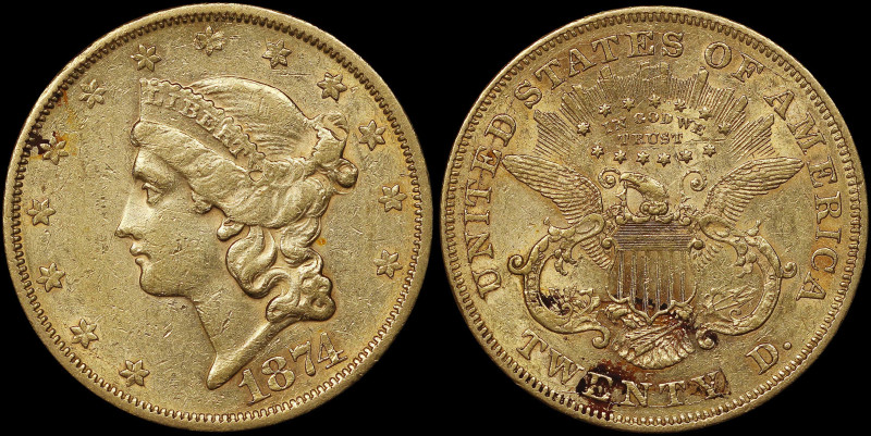 USA: 20 Dollars (1874 S) in gold (0,900). Head of Liberty facing left on obverse...