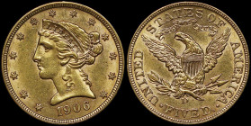 USA: 5 Dollars (1906 D) in gold (0,900). Head of Liberty facing left on obverse. Heraldic eagle with union shield, holding 3 arrows and olive branch o...