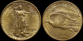 USA: 20 Dollars (1908) in gold (0,900). Standing Liberty with torch and olive branch on obverse. Eagle flying left on reverse. No motto below the eagl...