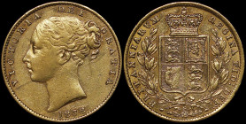 AUSTRALIA: 1 Sovereign (1878 S) in gold (0,917). Young head of Queen Victoria facing left on obverse. Crowned shield and mint mark "S" below on revers...