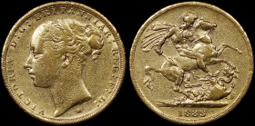 AUSTRALIA: 1 Sovereign (1883 M) in gold (0,917). Young head of Queen Victoria facing left on obverse. St George slaying the dragon on reverse. Cleaned...