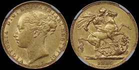 AUSTRALIA: 1 Sovereign (1885 S) in gold (0,917). Young head of Queen Victoria facing left on obverse. St George slaying the dragon on reverse. Inside ...