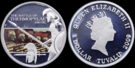 TUVALU: 1 Dollar (2009 P) in silver (0,999) commemorating the Battle of Thermopyles. Crowned head Queen Elizabeth II facing right on obverse. Warrior ...