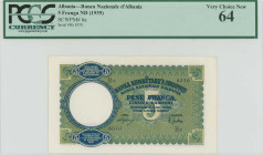 ALBANIA: 5 Franga (ND 1939) in olive-green and blue. Guilloche pattern on face. S/N: "B6 8570". WMK: Victor Emanuel III. Inside holder by PCGS "Very C...
