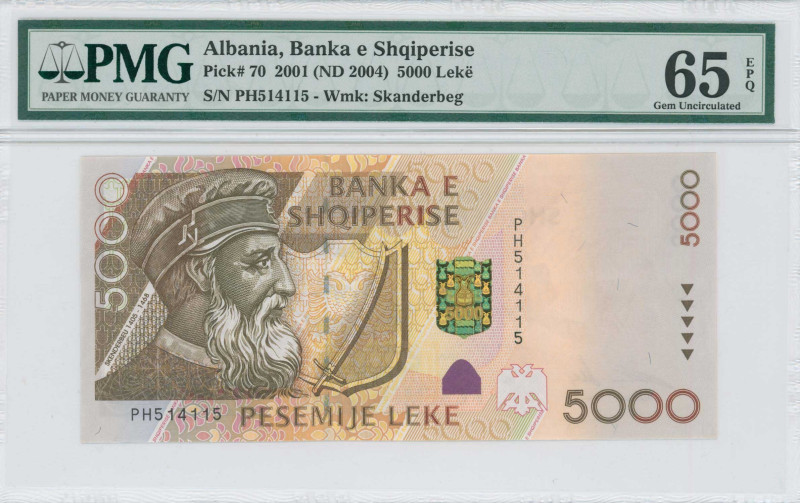 ALBANIA: 5000 Leke (2001 / issued in 2004) in olive-green and multicolor. Skande...
