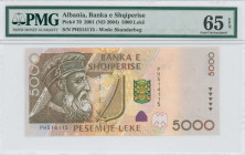 ALBANIA: 5000 Leke (2001 / issued in 2004) in olive-green and multicolor. Skanderbeg at left on face. S/N: "PH 514115". WMK: Skanderbeg. Printed by (F...