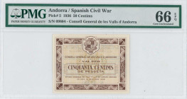 ANDORRA: 50 Centims (19.12.1936) in brown on tan unpt. Coat of arms at upper center on face. S/N: "09804". Left and right panel are mirror images of o...