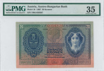 AUSTRIA: 20 Kronen (2.1.1907) in blue on red-brown and green unpt. Coat of arms at left, personification of Austria at upper center and portrait of wo...