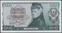 AUSTRIA: 1000 Schilling (1.7.1966 / issued in 1970) in blue-violet on multicolor unpt. Bertha von Suttner at center right and arms at right on face. S...