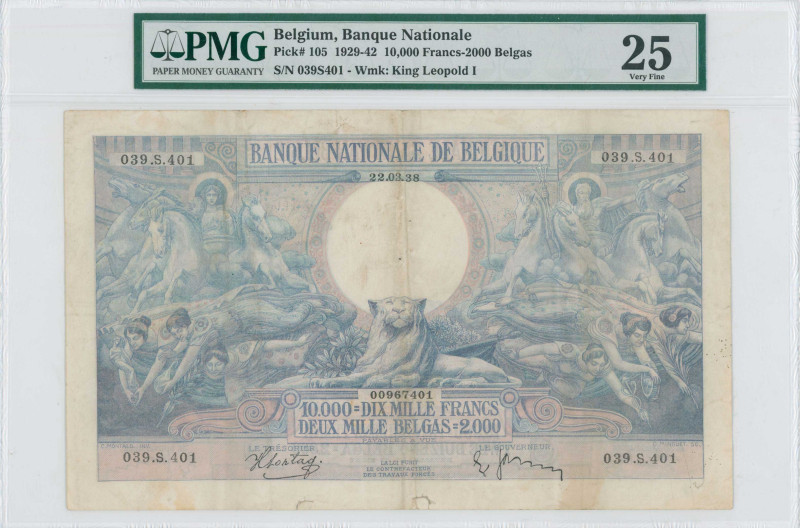 BELGIUM: 10000 Francs-2000 Belgas (22.3.1938) in blue on pink unpt. Quadriga dri...
