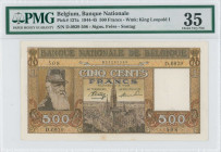 BELGIUM: 500 Francs (27.3.1945) in brown and yellow. Portrait of King Leopold II wearing a military cap at left and Antwerp Cathedral at center on fac...