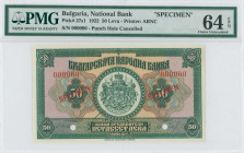 BULGARIA: Specimen of 50 Leva (1922) in green on multicolor unpt. Coat of arms at center onface. S/N: "000000". Two red ovpts "SPECIMEN" over values &...