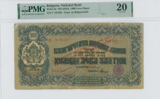 BULGARIA: 1000 Leva Zlatni (ND 1924) in blue-green and tan. Coat of arms at left on face. Old S/N: "K 08719" & new S/N: "B 161238". Red diagonal ovpt ...