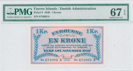 FAEROE ISLANDS / DANISH ADMINISTRATION: 1 Krone (Nov.1940) in blue on lilac and light red unpt. S/N: "674002 A". Printed by (Jacobsen). Inside holder ...