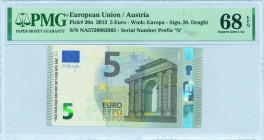 EUROPEAN UNION / AUSTRIA: 5 Euro (2013) in gray and multicolor. Gate in classical architecture at center-right on face. S/N: "NA 5729082895". Printing...