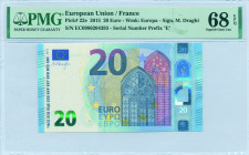 EUROPEAN UNION / FRANCE: 20 Euro (2015) in blue and multicolor. Gate in gothic architecture at center-right on face. S/N: "EC 0986204393". Signature b...
