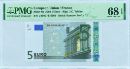 EUROPEAN UNION / FRANCE: 5 Euro (2002) in gray and multicolor. Gate in classical architecture at right on face. S/N: "U49807476392". Printing press an...