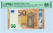 EUROPEAN UNION / FRANCE: 50 Euro (2017) in orange and multicolor. Gate in renaisance architecture at center-right on face. S/N: "UC 7541242192". Print...