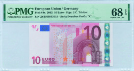 EUROPEAN UNION: 10 Euro (2002) in red and multicolor. Gate in romanesque period at right on face. S/N: "X 63166843415". Printing press and plate "E002...